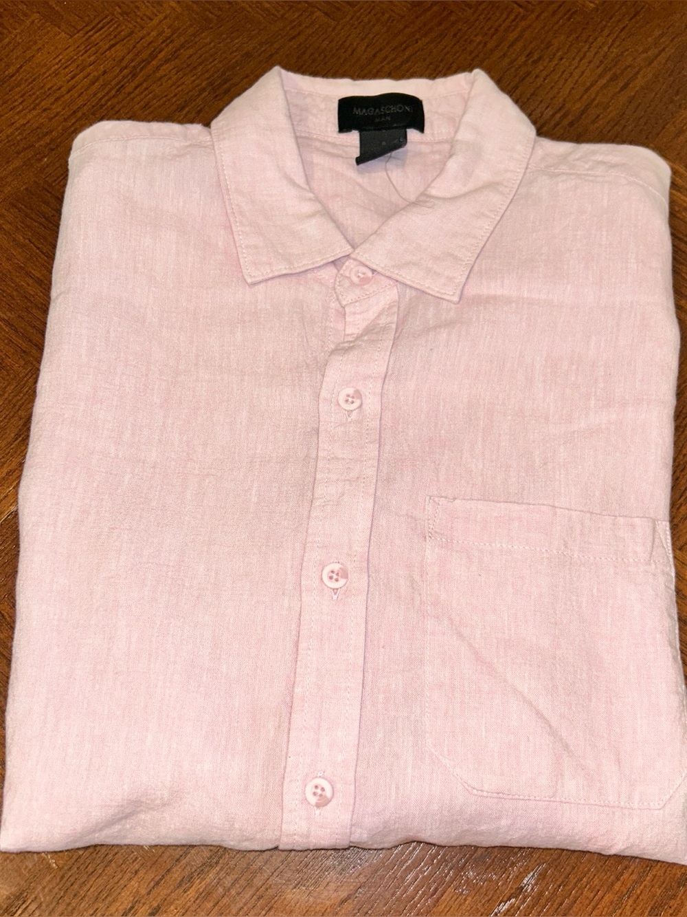 Magaschoni Men's Pale Pink short sleeve Linen Button-Down Shirt
